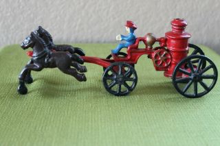 Vintage Cast Iron Toy - Fire Wagon With Two Horses,  And Driver Complete Set photo