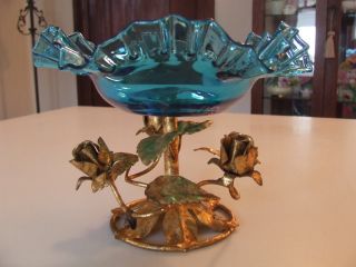 Vintage Italian Gold Gilt Tole Roses Pedestal W/aqua Blue Glass Compote Italy photo