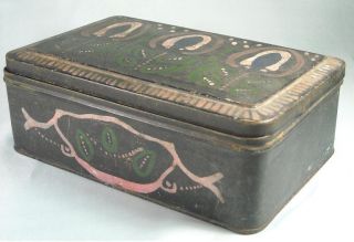 Primitive Metal Antique Box With Unusual Painted Design - Early 1900s photo
