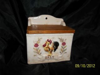 Antique Wood Lidded & Porcelain W/rooster Design Salt Box photo