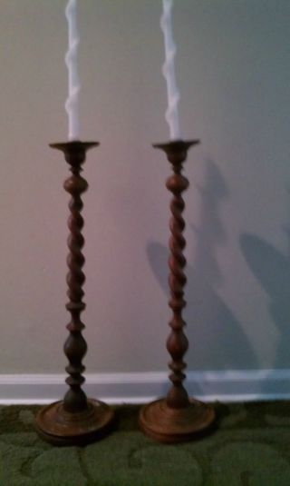 Antique Spindle Wooden Candle Holders (pair) photo