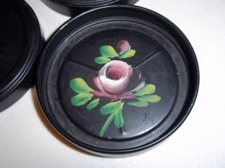 8 Black Tin Metal Toleware Drink Beverage Floral Deep Coasters - Vintage - Retro photo