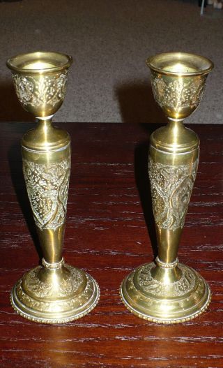 Striking Pair Antique Candlesticks,  Highly Detailed,  Raj Period - 8 1/4 