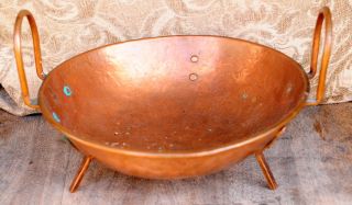 Antique Hammered Copper Pan W Feet Patina Look photo