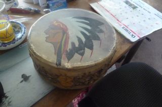 Antique Early 20thc Hand Painted Native American Hide & Birch Bark Drum photo