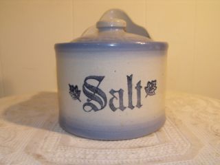 Antique Blue And White Stoneware Salt Crock / Lid photo