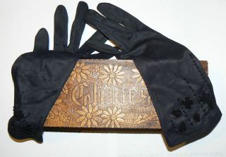 Antique Grammes & Sons Wooden Gloves Box (100+ Years Old) With Vintage Gloves photo