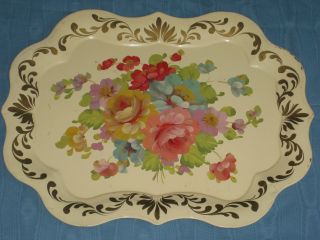 Old Large Floral Toleware Tray photo