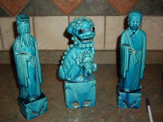 Rare Antique Chinese Turquoise Porcelain Statues - 3 Figurines photo