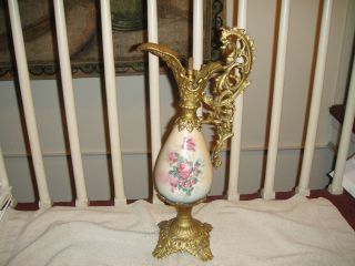 Vintage Urn Vase Lamp - Gold Accents - Floral Painted Center - Odd Faces In Metal photo