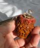 Antique Tiny Clear Glass Perfume Scent Bottle Carved Wood Nut Case Flask Laquer Perfume Bottles photo 1