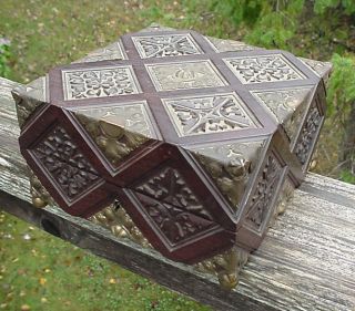 Antique Victorian Velvet Lined Wood,  Brass Geometric Adornment Hardware photo
