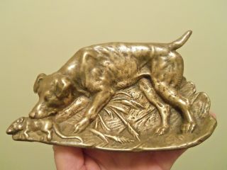 Antique Bronze Hunting Dog Hound Pointer Retriever Signed Card Pin Tray Brass photo