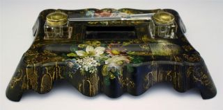 C1850 English Papier Mache Ink Stand W/ Crystal Inkwells Hand Painted photo