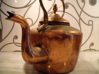 Antique 19th Century Copper Kettle Gooseneck Brass Teapot Acorn Finial Dovetail photo