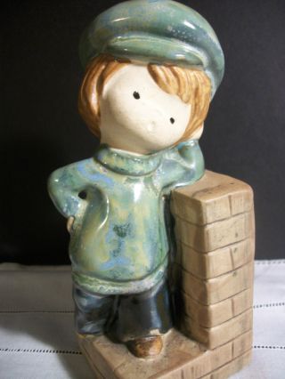 Vintage Uctci Uccti Japan Hand Painted Glaze Ceramic Pottery Boy On Brick Wall photo