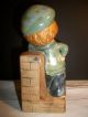 Vintage Uctci Uccti Japan Hand Painted Glaze Ceramic Pottery Boy On Brick Wall Figurines photo 3