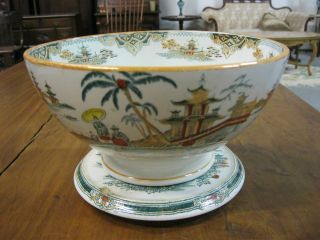 2 Pc Antique Porcelain Pedestal Bowl W/ Stand Plate Oriental Petrus Regout Honc photo