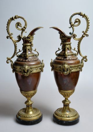 Amazing 19c Antique Copper - Bronze - Marble Neo Renaissance Mantle Ewers/pitchers photo