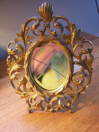 Vintage Victorian Deco Gold Cast Iron Metal Ornate Tabletop Vanity Mirror Frame photo