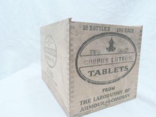 Vtg Corpus - Luteum Tablet Early Contraceptive Fertility Wooden Medical Box Crate photo