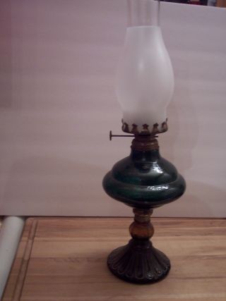 Vintage Green & Amber Pressed Glass Oil Lamp Satin Clear Chimney Hong Kong 19.  5 
