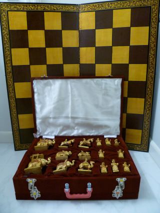 Antique Chess Set In Red Velvet Box And Chess Board photo