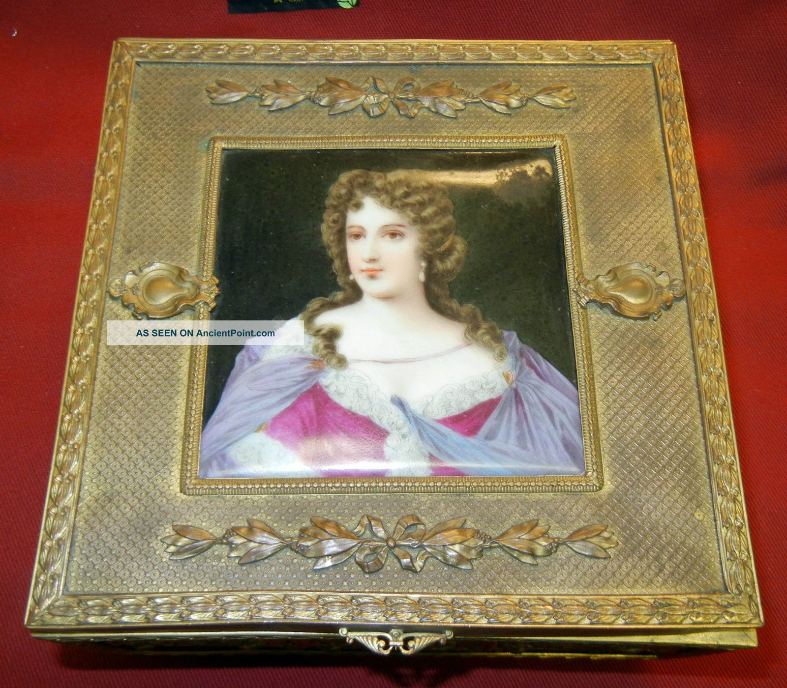 Lovely Victorian Velvet Lined Bronze/brass Jewelry Box With Handpainted Portrait Metalware photo