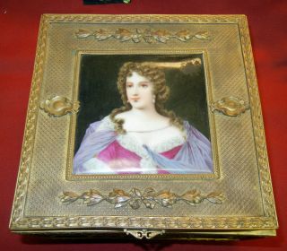 Lovely Victorian Velvet Lined Bronze/brass Jewelry Box With Handpainted Portrait photo