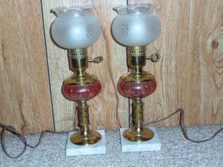 2 - Antique Cranberry Glass Boudoir Table Lamp W Marble Base & Frosted Glass Globe photo