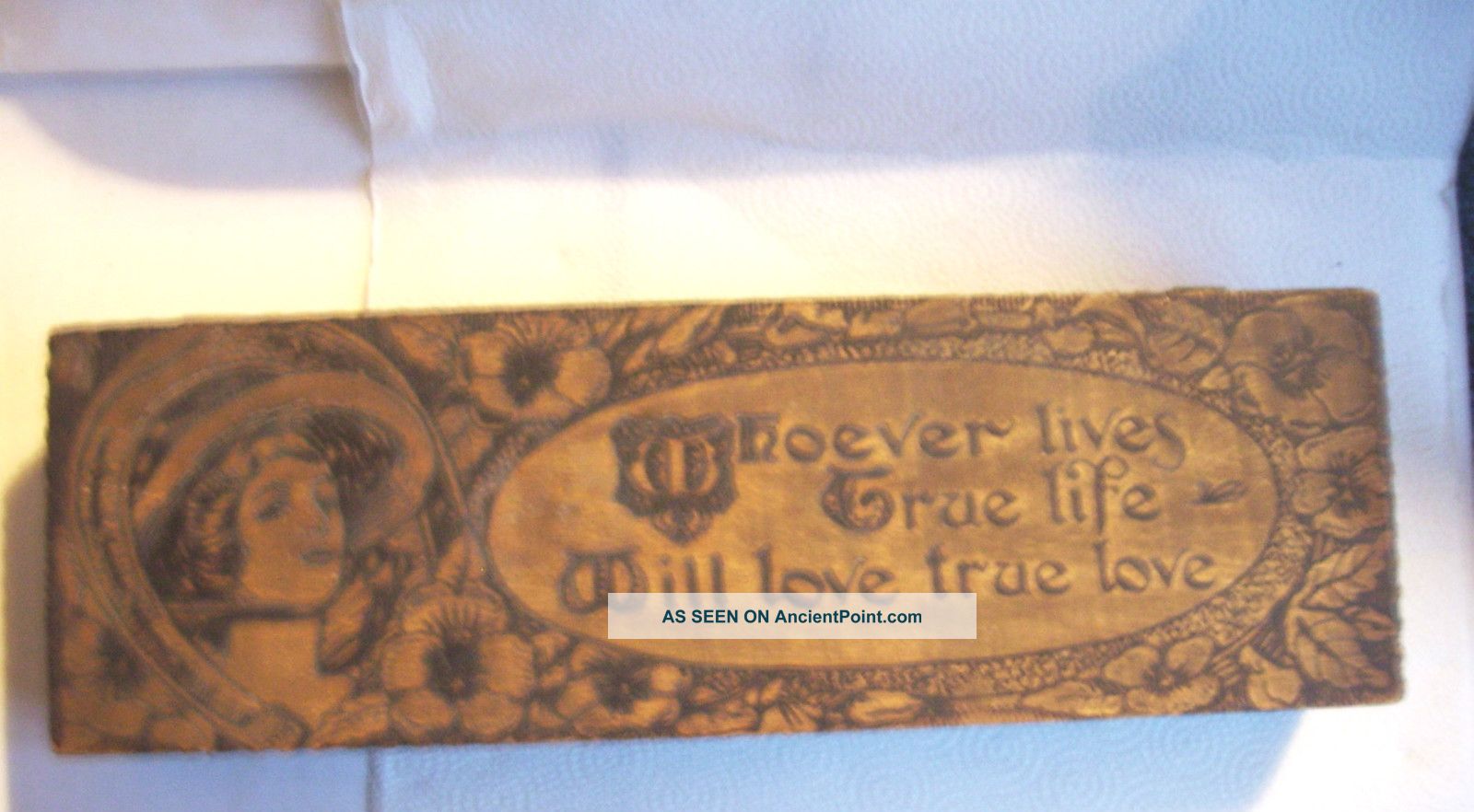 Antique Pyrography Vtg Glove Box Gibson Girl Pansies Horseshoe Love Saying Boxes photo
