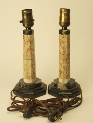 Pair Art Deco Marble Paneled Column Shape Boudoir Table Lamps photo