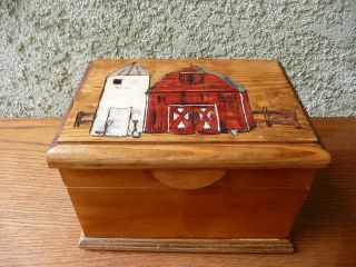 Vintage Folk Art Wood Box Carved Barn Scene Hinged Lid photo