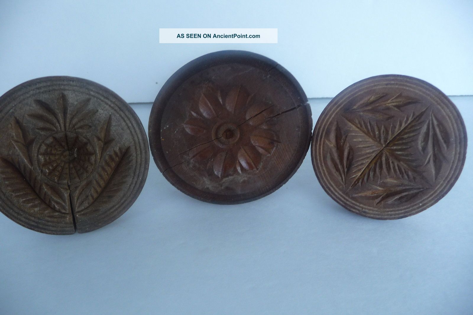 3 Antique 19thc Primitive Wood Carved Butter Mold Press Stamp Other photo