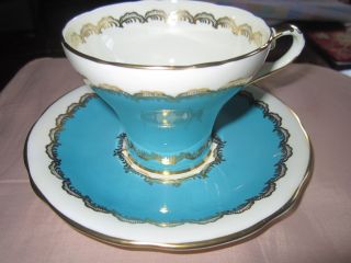 Aynsley Turquoise Gold Corset Shaped Tea Cup And Saucer 1405 photo