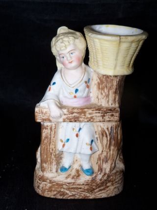 Antique Girl Basket Bisque Porcelain Figurine Toothpick Match Holder Germany Vtg photo