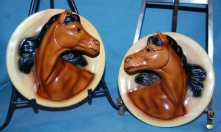 Vintage Pair Chalk Ware Ceramic Pottery Horse Head Figurine Wall Plaques photo