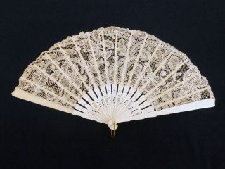 Stunning Antique Brussels Handmade Lace & Profusely Carved Bone Ladies Fan photo