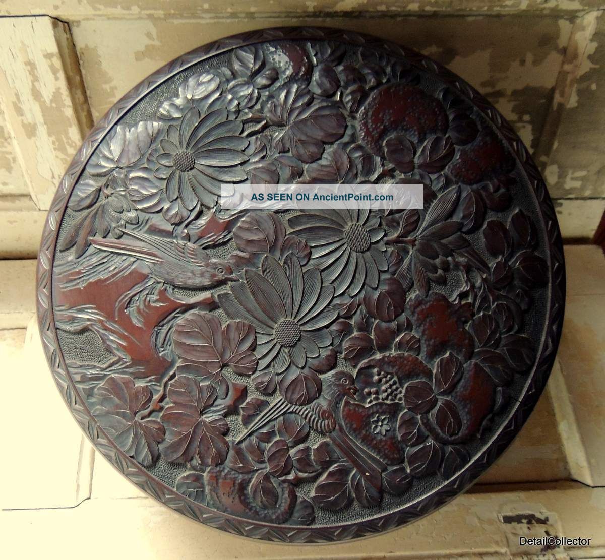 Antique Victorian Fine Carved Birds Flowers Treen Box Round Wood Trinket Sewing Boxes photo