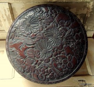 Antique Victorian Fine Carved Birds Flowers Treen Box Round Wood Trinket Sewing photo