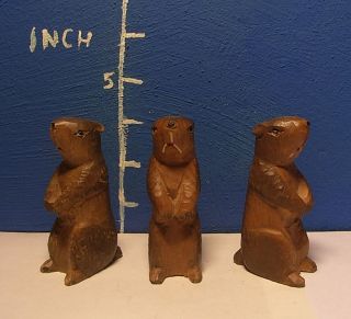 3 Vintage German Wood Carved Groundhogs photo