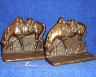Vintage Ca 1930 Copper Finished Cast Metal Iron Riderless Horse Bookends photo