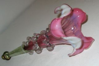 Victorian Cranberry Opalescent & Vaseline Glass Epergne Vase Trumpet Horn Vtg. photo