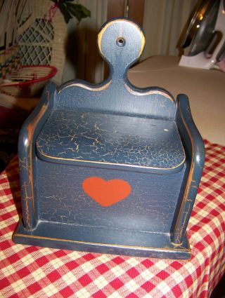 Primitive Look Wood Hanging Candle Box,  Recipe Box,  Blue W/red Heart Country Dec photo