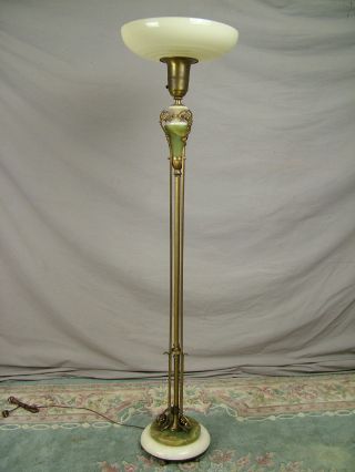 Antique French Torchiere Floor Lamp Marble Onyx Brass Bronze Cast Grapes & Vines photo