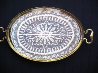 Victorian Ormolu Footed Oval Vanity Tray,  Lace Insert Art Nouveau Handles photo