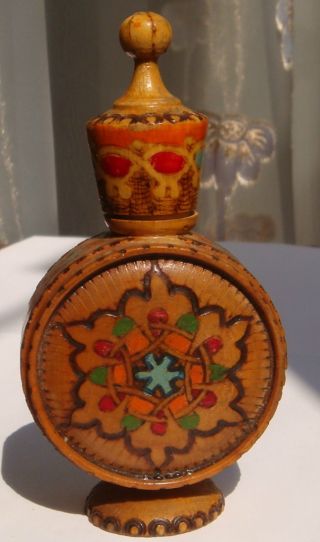 Vintage Bulgarian Pyrography Wooden Perfume Bottle (empty) photo
