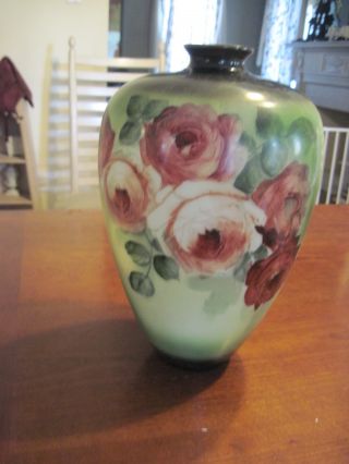 Magnificent Hand Painted Glass V Ase Green With Roses 12 Inches High photo