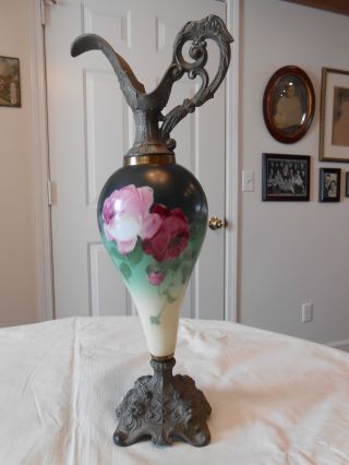 Antique Victorian Handpainted Pink Roses On Green Glass Ewer With Gorgoyle Base photo