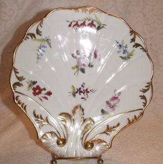 Lovely Vintage Hand Painted Floral Scalloped Shell Dish Unmarked W/ L Gold Trim photo